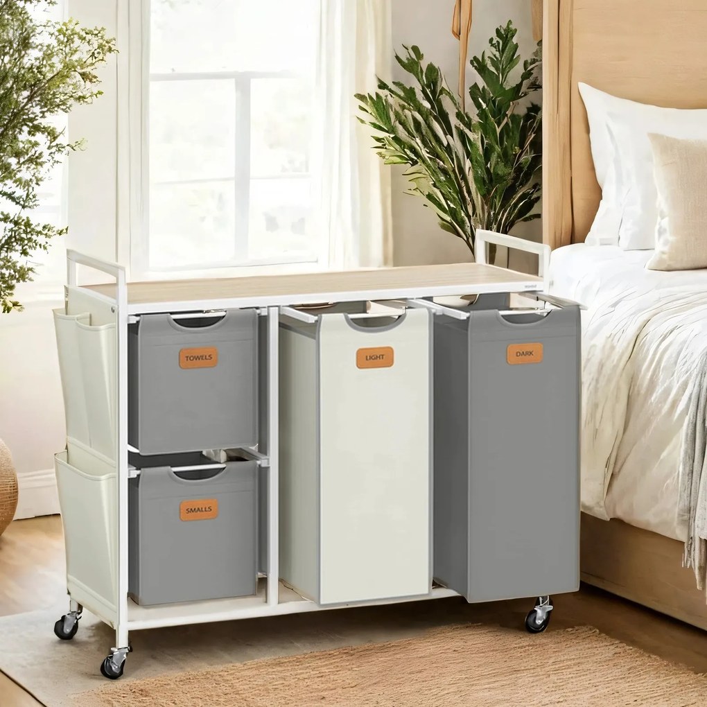Cesto para roupa suja com 4 compartimentos dois cestos de 25 L e dois de 50 L bege natural-cinzento-branco creme