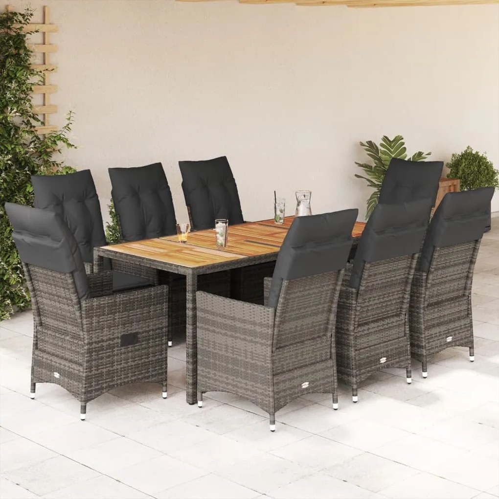 9 pcs conjunto de jantar p/ jardim c/ almofadões vime PE cinza