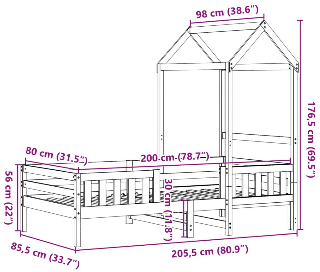 Estrutura de cama com telhado 80x200 cm madeira de pinho maciça