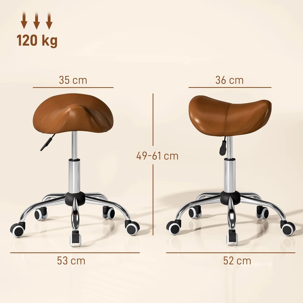 Banco com rodas, cadeira de trabalho com altura regulável entre 49 e 61 cm e assento ergonómico, 52 x 53 x 49–61 cm, castanho