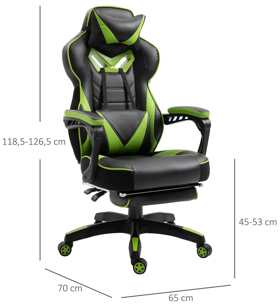 Cadeira de escritorio gaming ergonômica Altura Ajustável reclinável com apoio para pés Verde e Preto