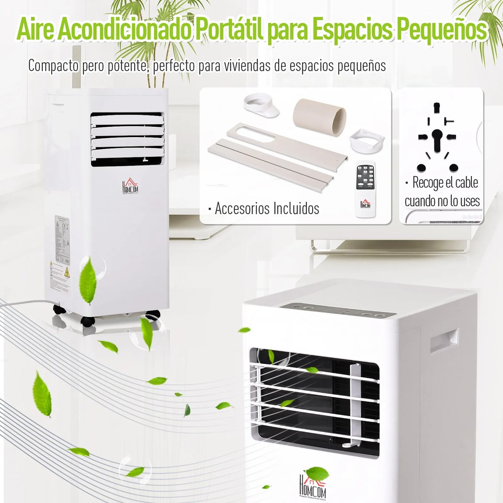 HOMCOM Ar Condicionado Portátil 7000BTU 3 em 1 Refrigerador Desumidificador e Ventoinha com Temporizador LED e Controlo Remoto Silencioso 30,5x32,8x67,8 cm Branco