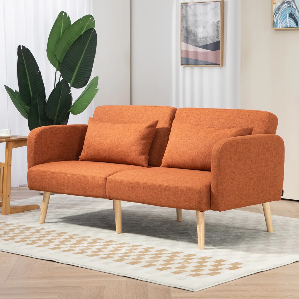 Sofá-cama com design moderno, encosto reclinável e braços ajustáveis, em tecido com efeito de linho castanho