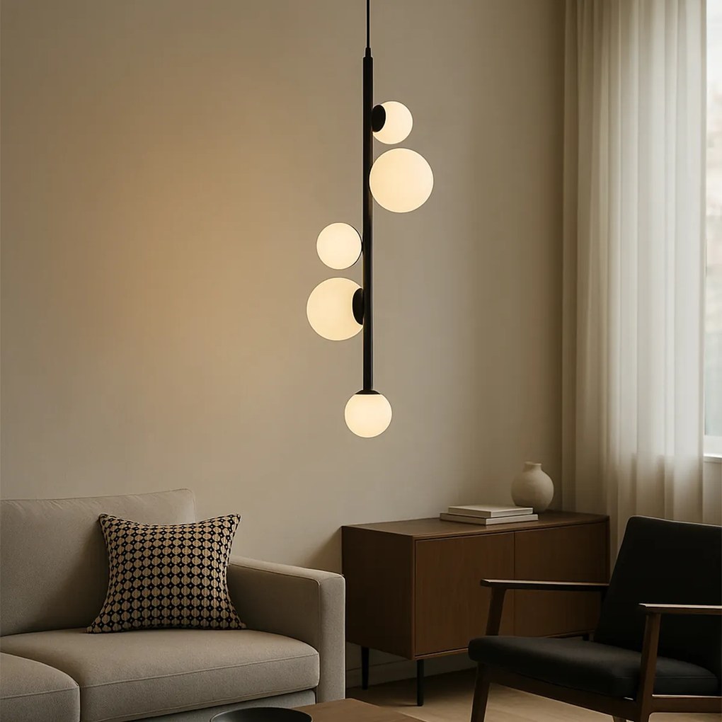 Candeeiro suspenso de design preto com vidro fosco 5 luzes - Vertical