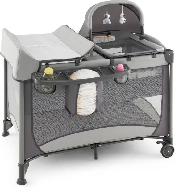 Berço e Centro de atividades bebés portátil 5 em 1 com berço de proteção, trocador de fraldas, colchão removível, 2 rodas, 110 x 78 x 78 cm, cinza