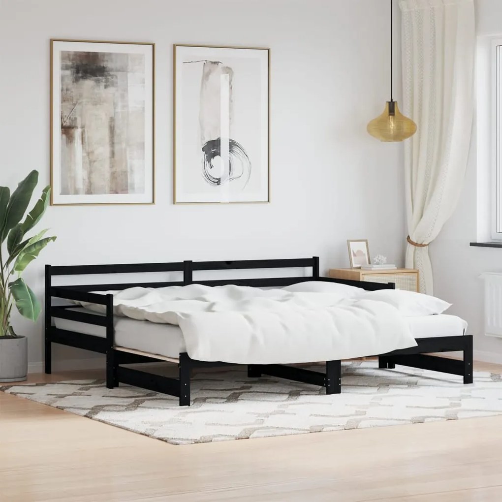 836155 vidaXL Sofá-cama com gavetão 90x190 cm madeira de pinho maciça preto
