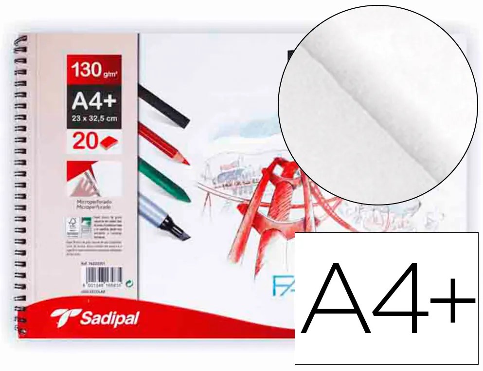 Bloco de Desenho Sadipal Fabriano Din A4+ Espiral 20 Folhas 130g/m2 Grao Suave Microperfurado Liso