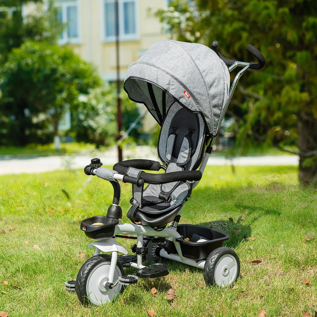 HOMCOM Triciclo para Bebé 2 em 1 Triciclo Evolutivo para Crianças de 1-5 Anos com Capô Dobrável Guiador Telescópico Grade de Proteção Removível e Apoio para os Pés 100x48x106cm Cinza