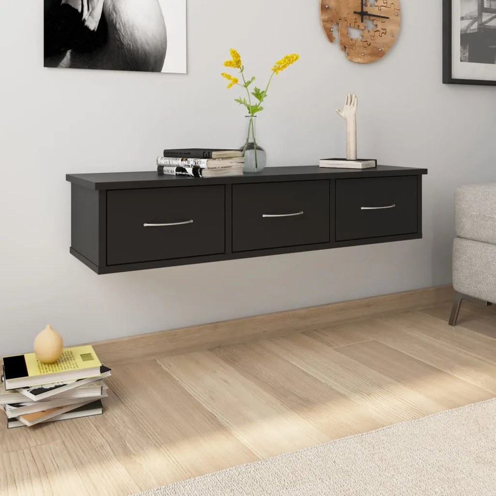 800595 vidaXL Prateleira gavetas p/ parede 88x26x18,5 cm contraplacado preto
