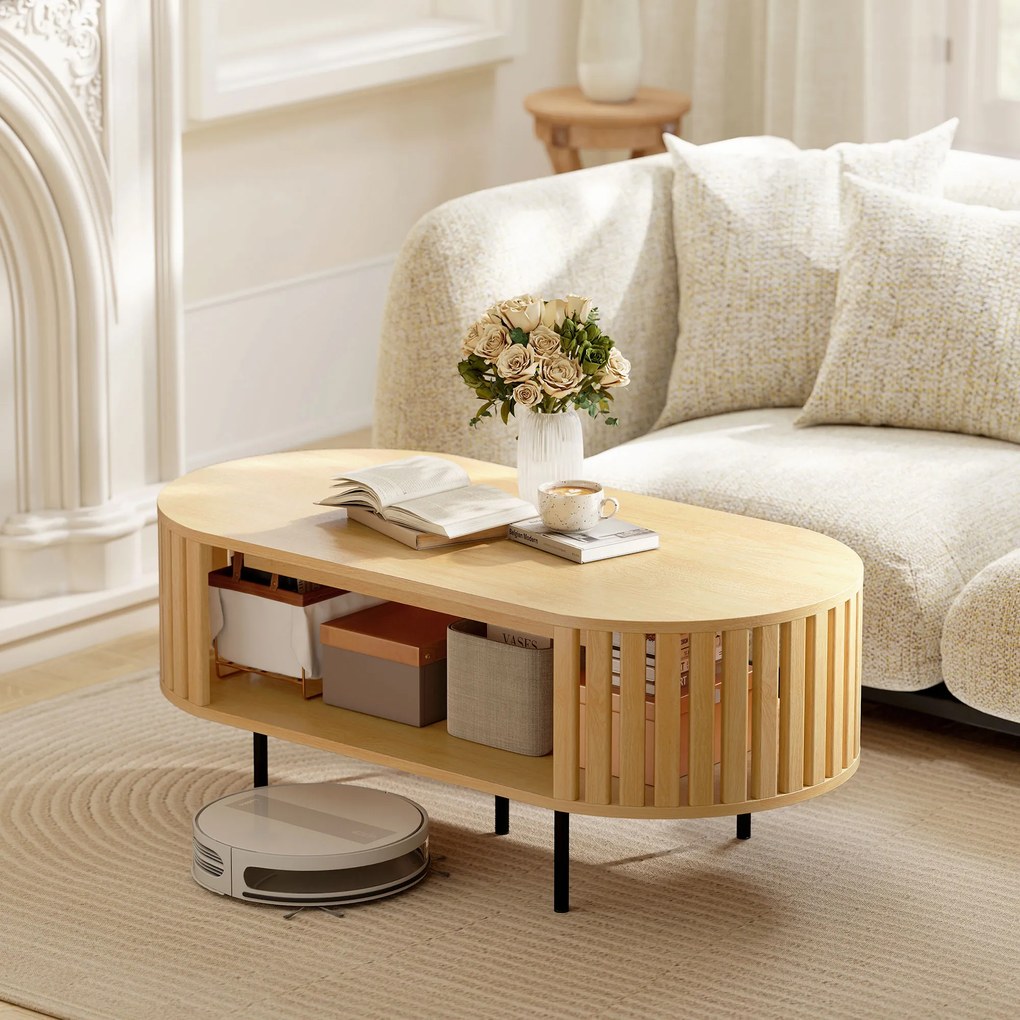 Mesa de centro oval  100 x 50 x 40 cm, mesa de sala com espaço de arrumação, cantos arredondados, design em ripas efeito de madeira natural