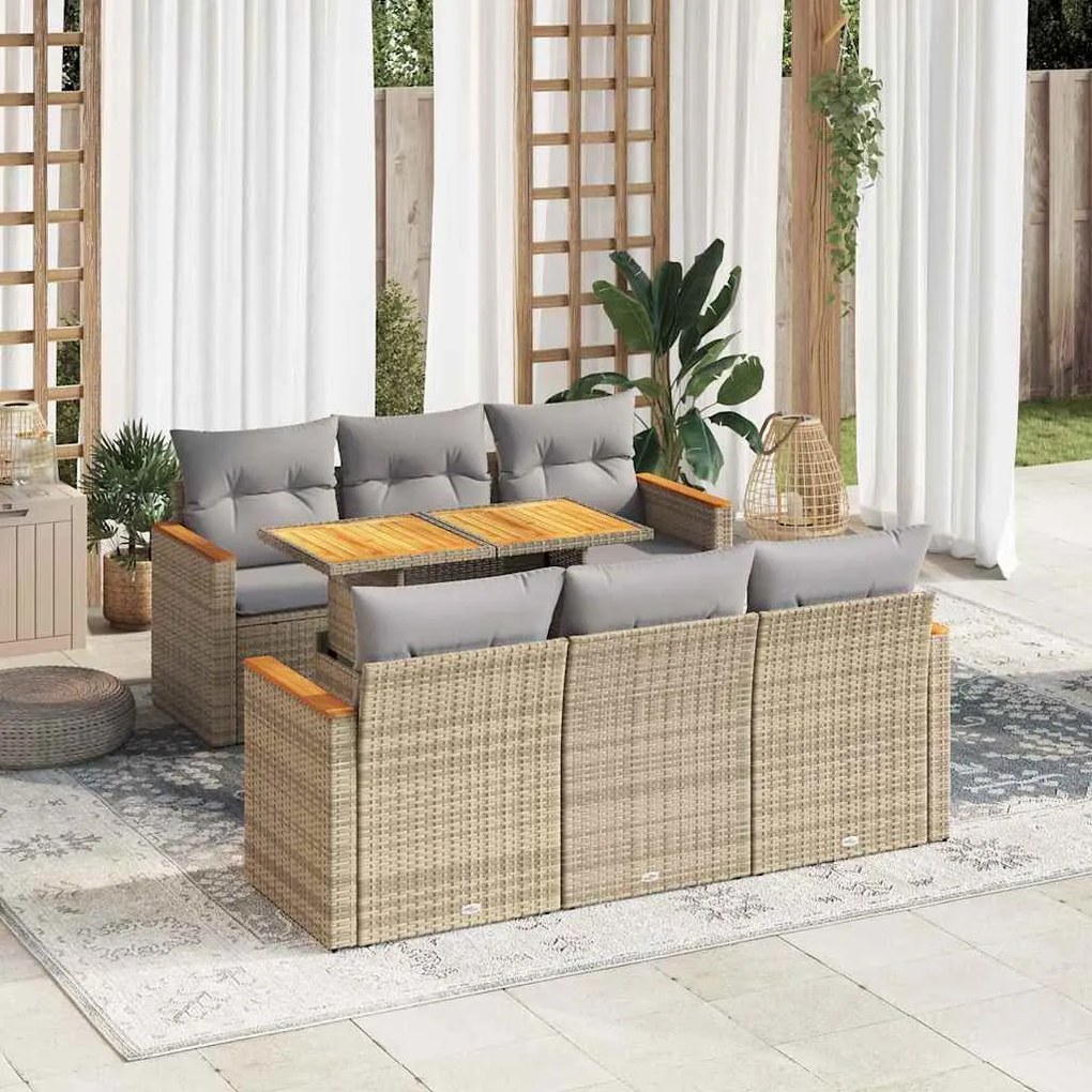 7 pcs conjunto sofás jardim com almofadões vime PE/acácia bege