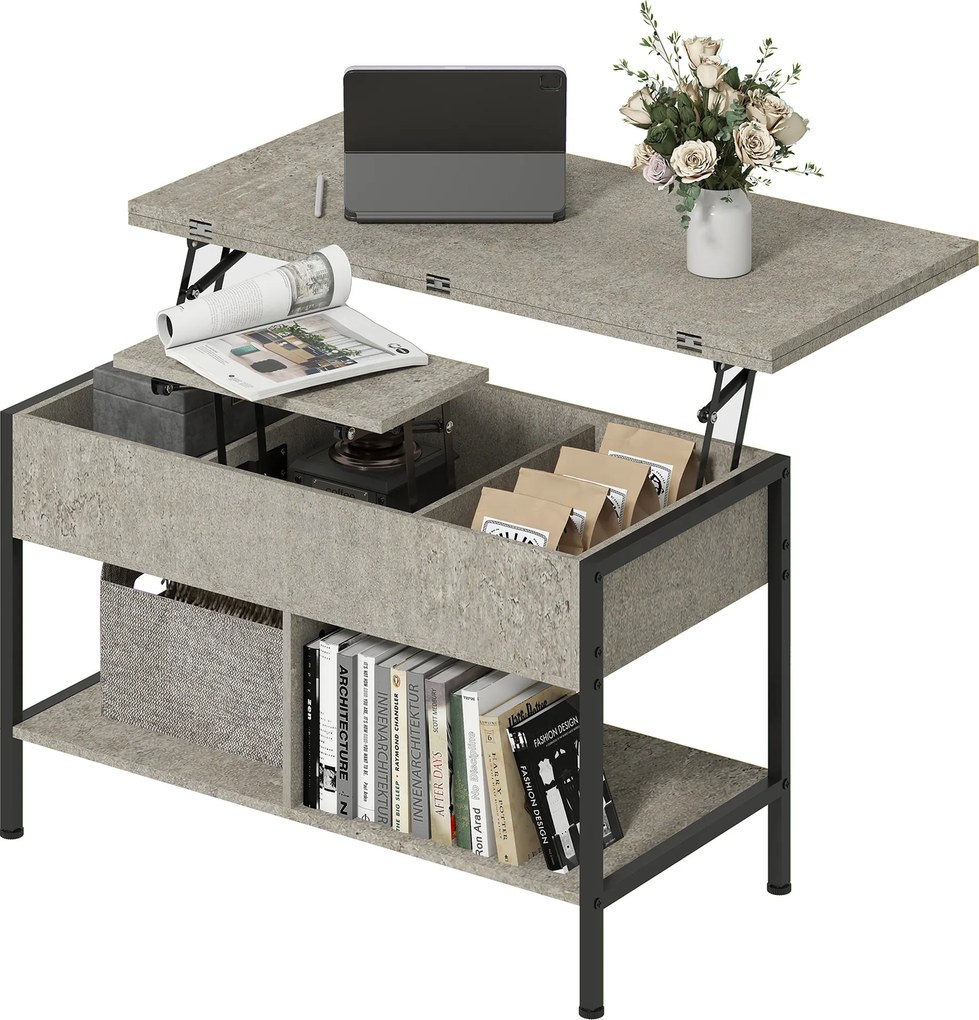 Mesa de centro elevável e extensível 98 x 49 x 55 cm,, com compartimento oculto e prateleiras abertas, cinzenta