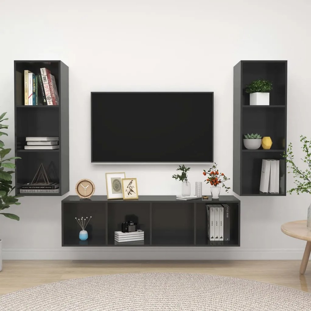 vidaXL 3 pcs conjunto móveis de TV derivados madeira cinza brilhante