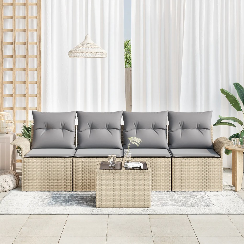Conjunto de Sofá de Jardim VidaXL de 5 Peças com Almofadas Bege de Vim