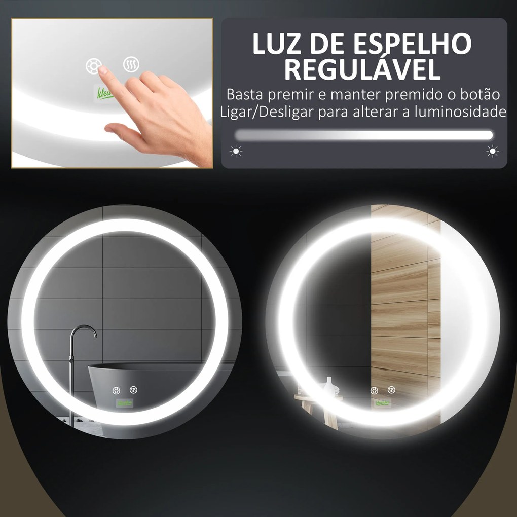 Espelho Casa de Banho com Luz LED Ø50x4,6cm Espelho Redondo de Parede com Interruptor Tátil 3 Luzes Ajustáveis Função de Memória e Anti-Embaciamento E