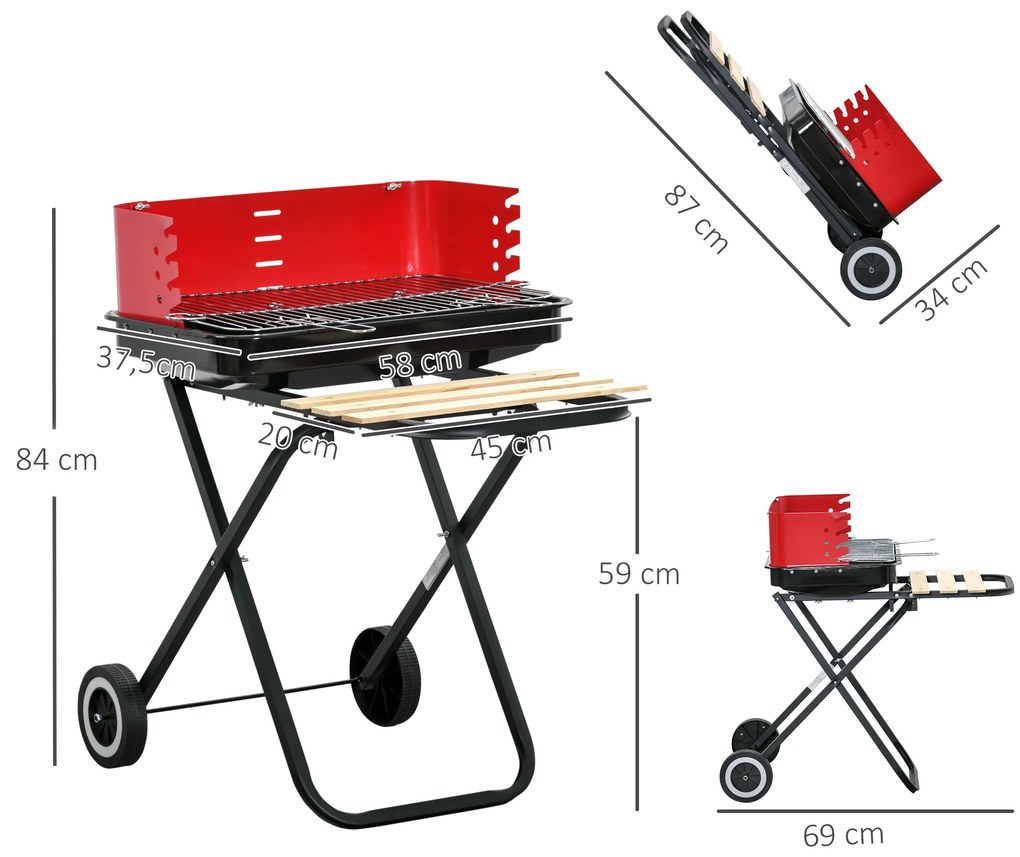Outsunny Churrasqueira a carvão portátil e dobrável com 2 rodas Churrasqueira com Altura Ajustável para Camping Picnic Beach 57x64x83 cm Vermelho e Preto