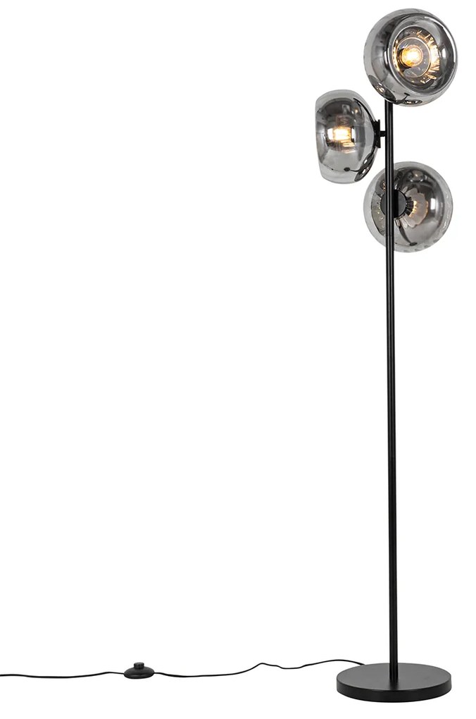 Candeeiro de pé Art Deco preto com vidro fumê 3-luzes - Ayesha Art Deco