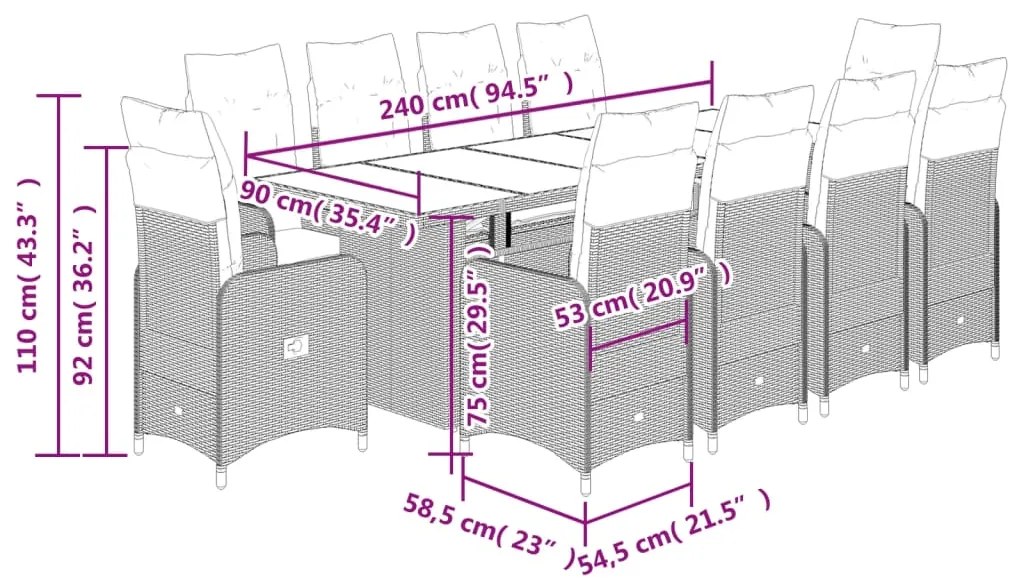 11 pcs conjunto bistrô de jardim c/ almofadões vime PE cinzento