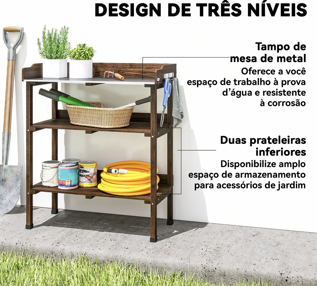 Mesa de Jardinagem de Madeira com Superfície Metálica Prateleiras e Ganchos para Jardim e Terraço 76x37x89 cm Carbonizado