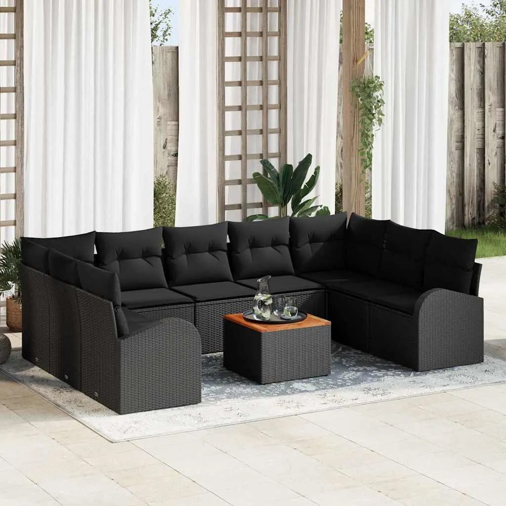 vidaXL Conjunto de Sofá de Jardim com 10 Peças e Almofadas Pretas