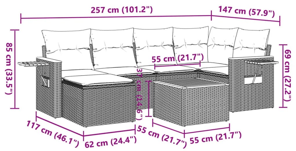 7 pcs conjunto sofás p/ jardim c/ almofadões vime PE cinzento