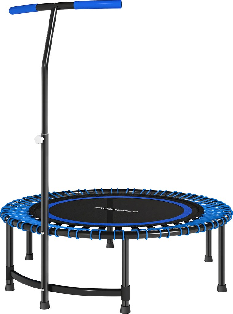 Trampolim de fitness de 114 cm, cordas elásticas, pega ajustável em 5 posições, trampolim de exercício silencioso, azul