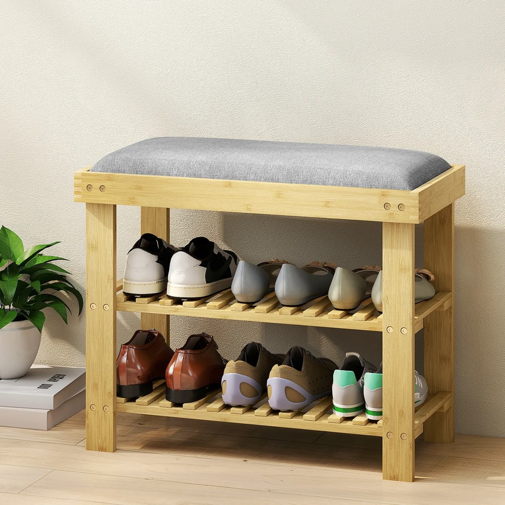 Banco Sapateira de Bambu Sapateira com Assento Almofadado 2 Prateleiras para 6 Pares de Sapatos 60x29x49 cm Madeira e Cinzento