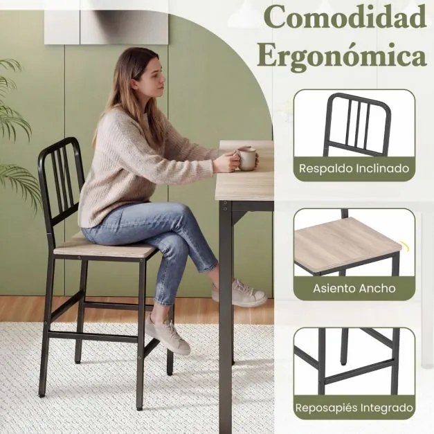 Conjunto de mesa de jantar alta e 4 bancos para 4 pessoas com estrutura metálica, mesa quadrada de estilo rústico Natural e Preto