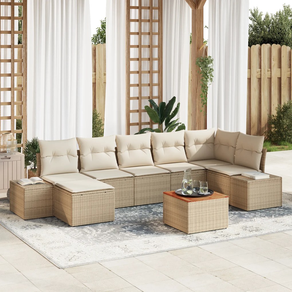 vidaXL Conjunto de Sofá de Jardim com 8 Peças e Almofadas Bege em Rattan Poly e Acácia