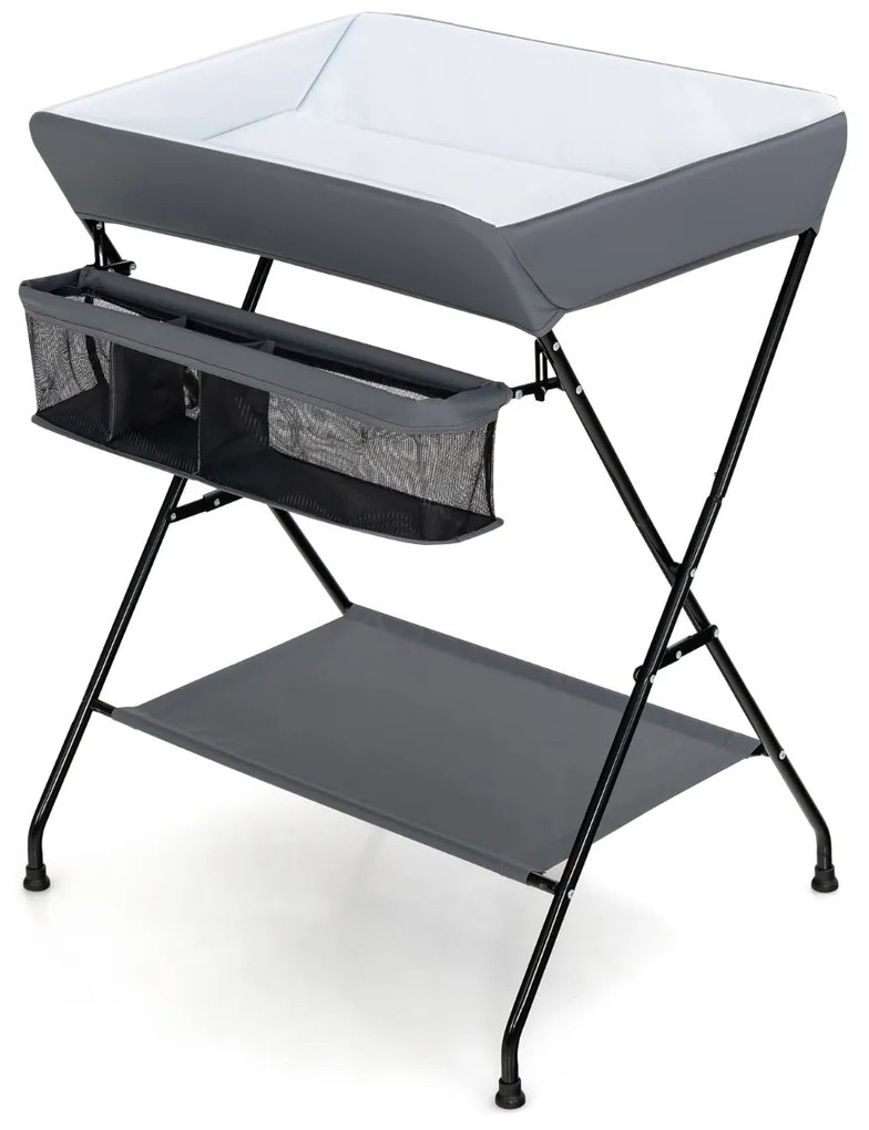 Trocador de Fraldas para bebé dobrável portátil com cesto de fraldas de 3 compartimentos e prateleira para bebês 80 x 63 x 103 cm Cinzento