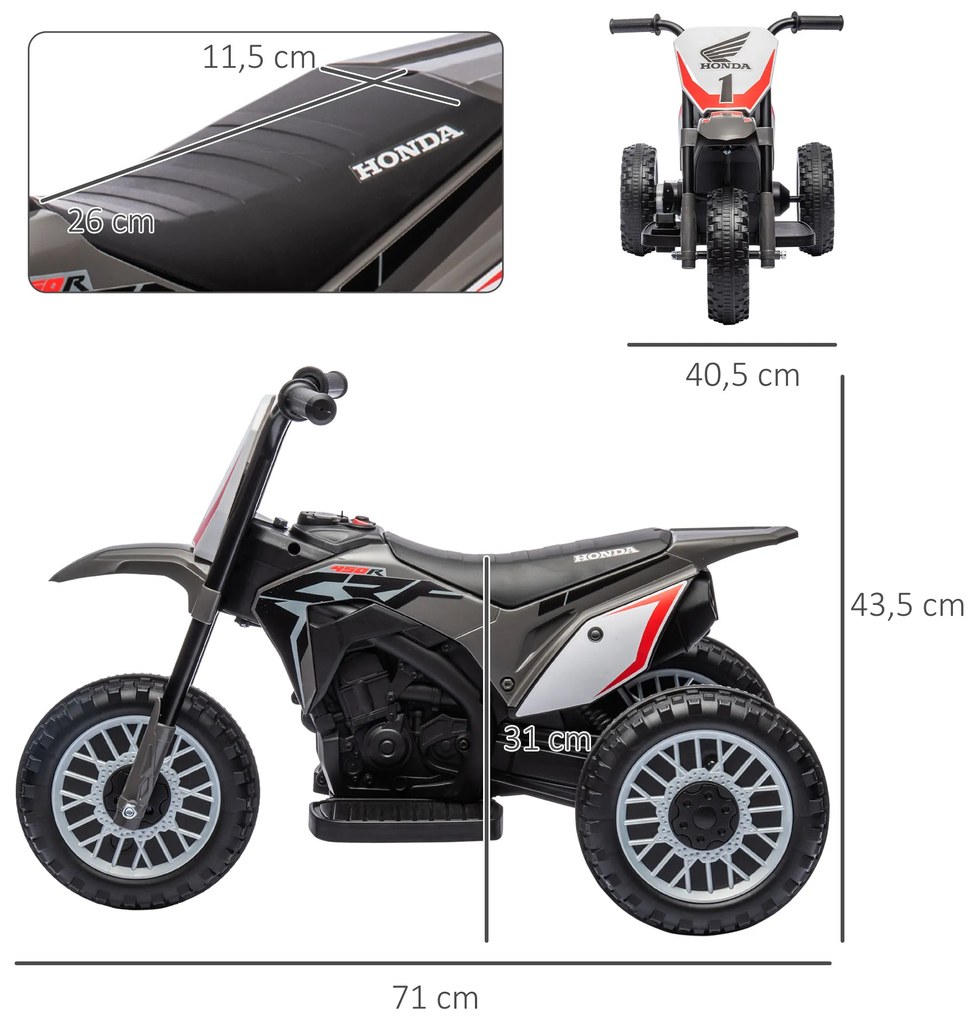 Mota Elétrica com Licença Honda CRF450RL Bateria 6V com Velocidade 3km/h Buzina e Som de Arranque 71x40,5x43,5 cm Cinza