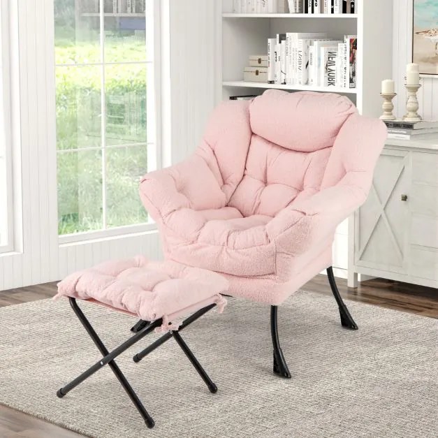 Poltrona com pufe moderna com apoio de pés rebatível Apoio de cabeça rebatível Almofada de apoio de braços Cadeira estofada para sala de estar Quarto