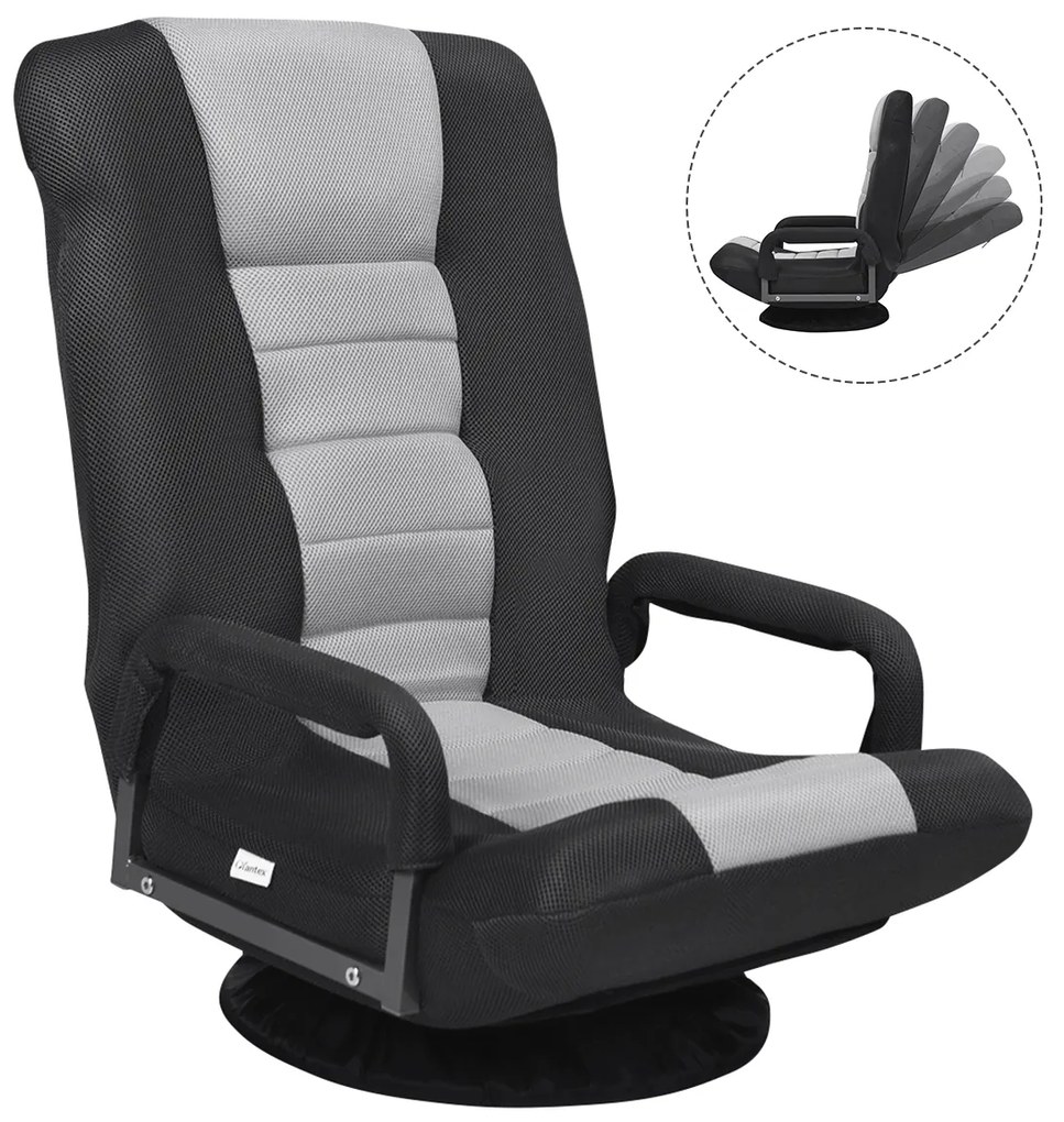 Sofá-cadeira rebatível ajustável em 6 posições com base giratória de 360° para ler e relaxar 61-87 x 55 x 75 cm Cinzento