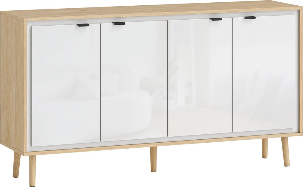 HOMCOM Buffet de alto brilho, móvel de arrumação com 4 portas, prateleiras ajustáveis, 141 x 35 x 77 cm, branco e carvalho | Aosom Portugal