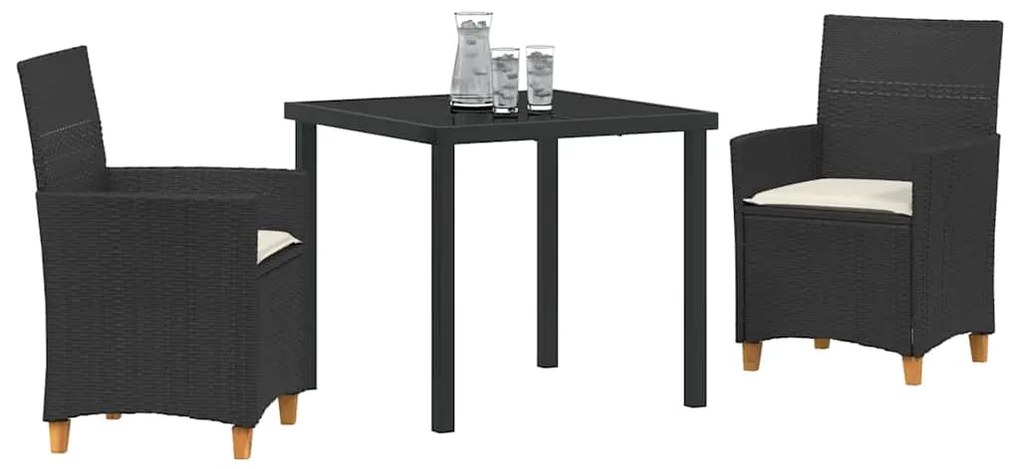 Conjunto de Jantar de Jardim de 3 Peças com Almofadas Preto em Rattan