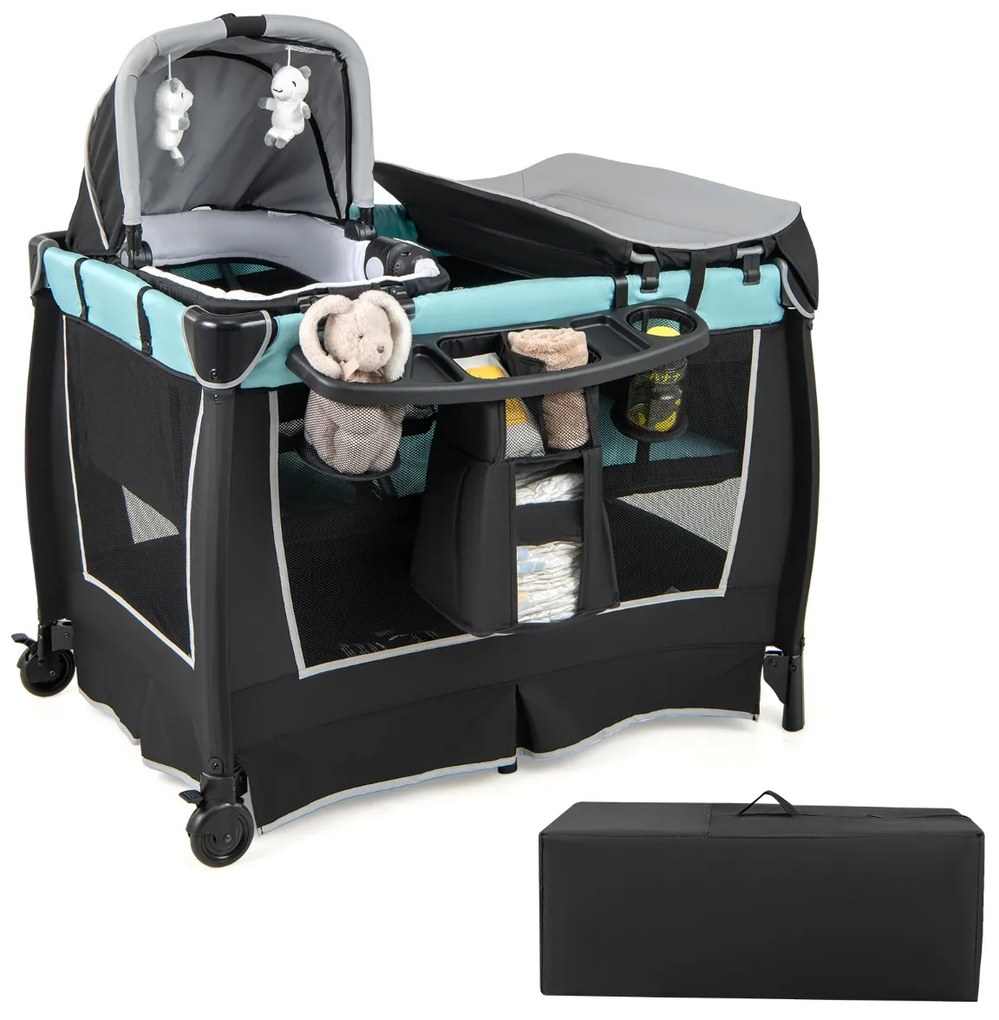 Cama de viagem para bebê 6 em 1, cercadinho portátil para bebês com berço de balanço e trocador cinza