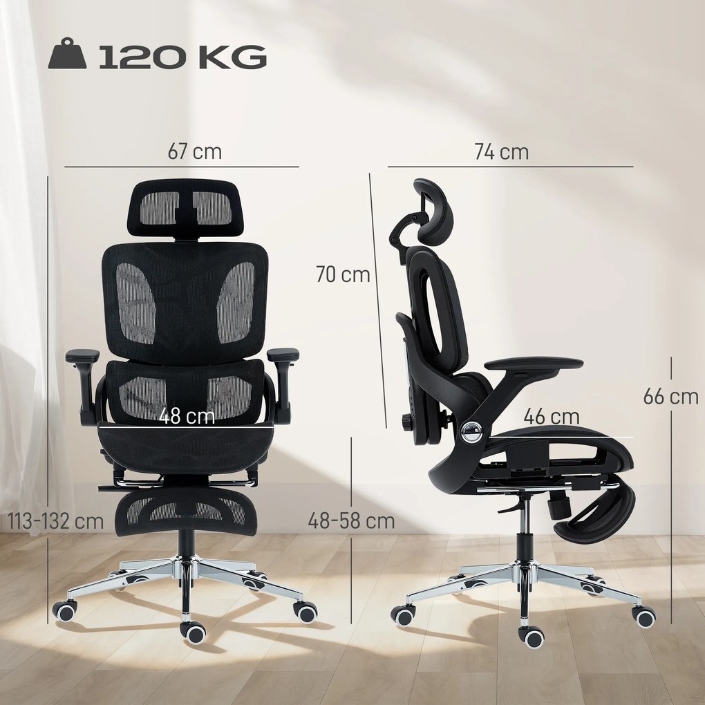Cadeira de escritório ergonómica com braços 4D, apoio para a cabeça e profundidade do assento ajustáveis, em malha preta