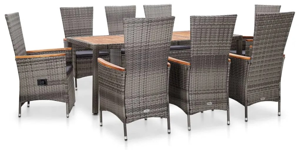 vidaXL 9 pcs conjunto jantar exterior c/ almofadões vime PE cinzento