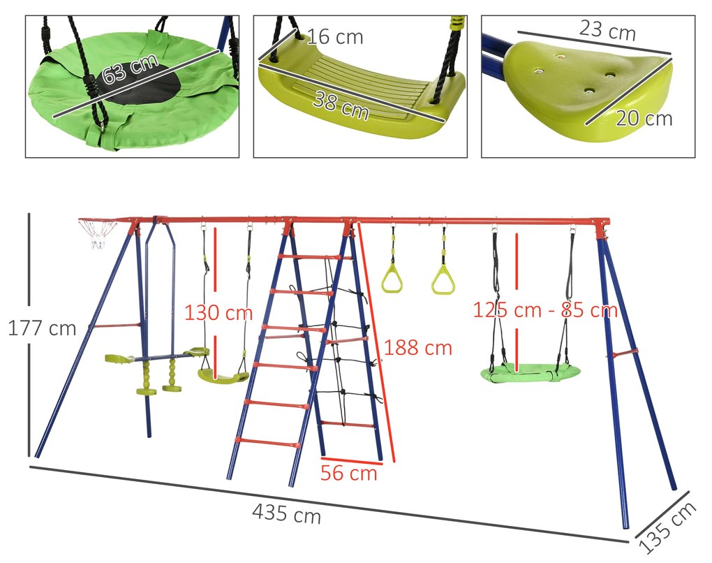 Conjunto de Baloiços para Crianças de Metal 6 em 1 Baloiços para Crianças de 3-12 Anos com 2 Baloiços Cesta de Basquetebol Baloiço Duplo Escada e Argo