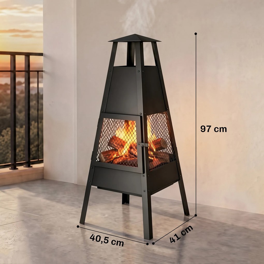 Braseiro de Exterior com Chaminé Cónica 41x40,5x97 cm em Aço Carbono com Malha de Proteção para Pátio e Terraço Preto