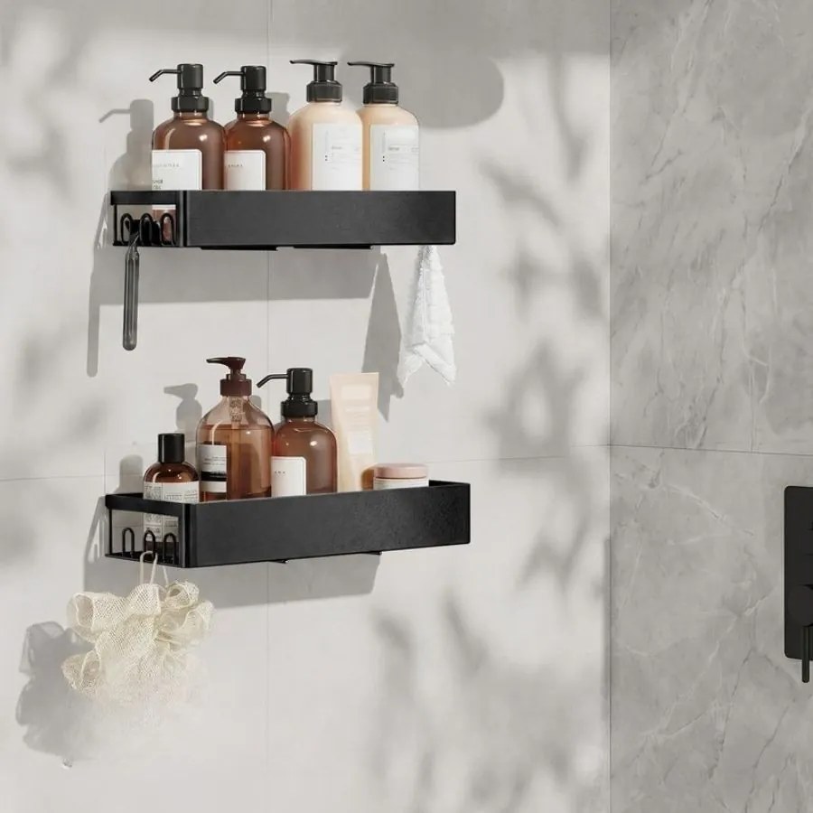 Conjunto 2 Prateleira para o chuveiro, prateleira de casa de banho sem necessidade de perfuração, aço inoxidável Preto