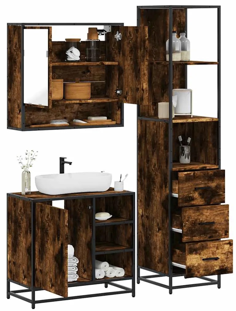 vidaXL 3 pcs conjunto de móveis WC madeira processada carvalho fumado