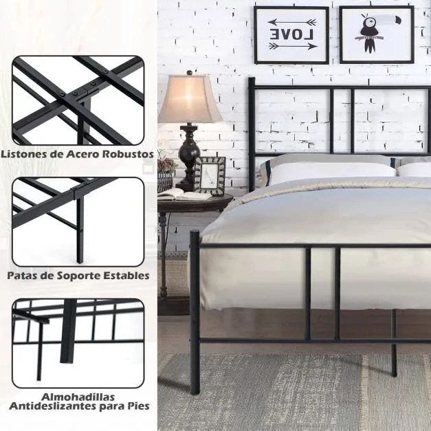 Estrutura de cama casal em metal com cabeceira, ripas de aço para colchão 160 x 200 cm preto, COLCHÃO NÃO INCLUÍDO