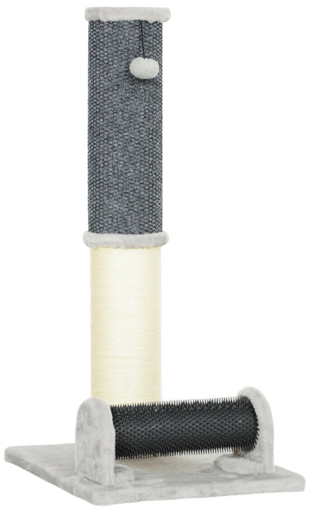 PawHut Arranhador para Gatos com Poste de Sisal Escova de Auto Higiene e Bola Suspensa 40x48x85 cm Cinza e Creme