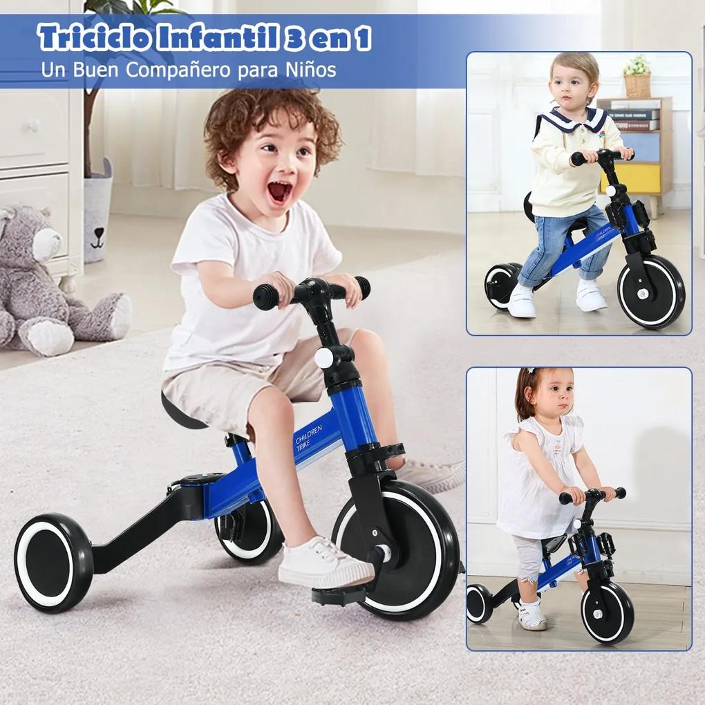 Bicicleta infantil 3 em 1 para 1-3 anos com assento ajustável e guiador Triciclo infantil de 3 rodas para andar 62 x 46 x 48 cm Azul