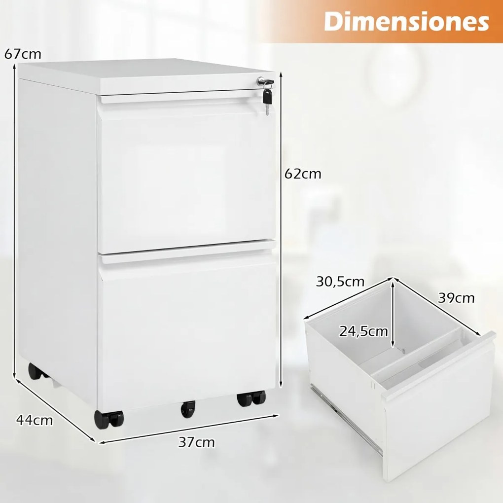 Armário de arquivo escritório móvel com 2 gavetas 44 x 37 x 67 cm, fechadura e 5 rodas, em metal, para arquivos de tamanho Carta, A4 e Legal, para esc