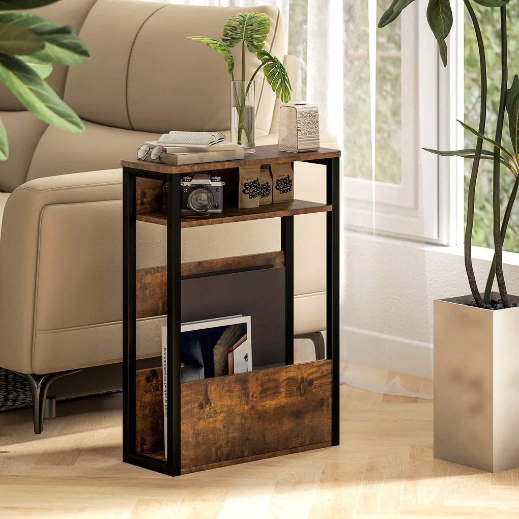 Mesa auxiliar/mesa de cabeceira com prateleira de dois níveis 46 x 18 x 58,5 cms, cantos arredondados, castanho rústico