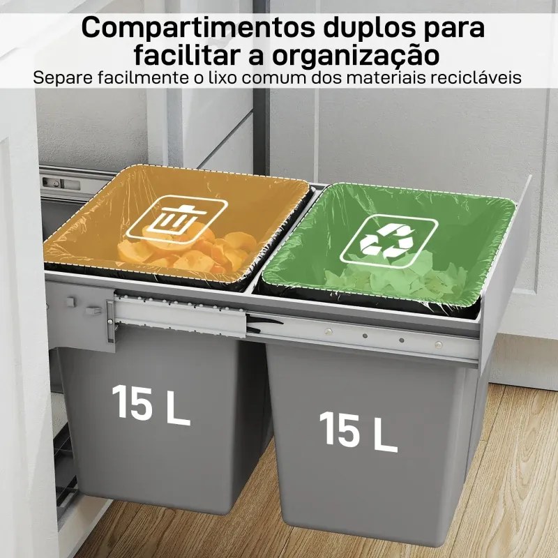 Caixote de Lixo Embutido 48x34,3x35,1 cm com 2 Recipientes Removíveis para Reciclagem Capacidade Total 30L (15Lx2) Cinzento Claro