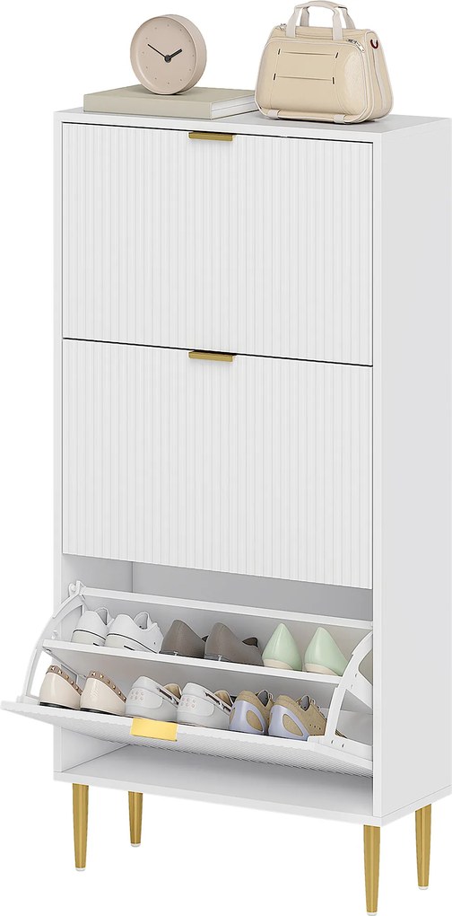 Sapateira com capacidade para 18 pares, com 3 gavetas rebatíveis, portas caneladas e prateleiras ajustáveis, 60 x 24 x 122,5 cm, branco