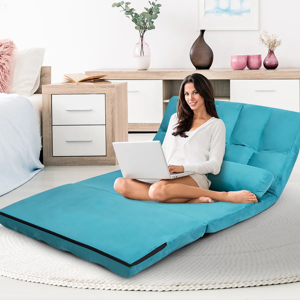 Sofá de chão ajustável Sofá-cama dobrável em 6 posições Revestimento removível em camurça com 2 almofadas Azul